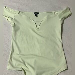 Express Body Contour ribbed off shoulder bodysuit. Light green. Size medium